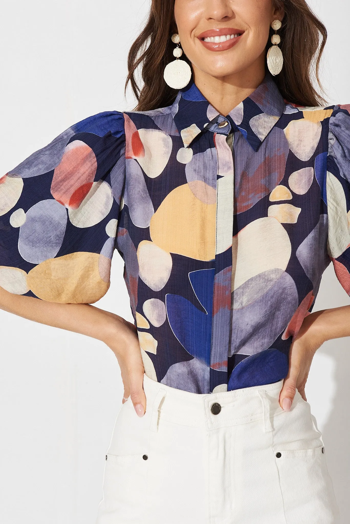 Aeryn Shirt In Navy With Multi Print