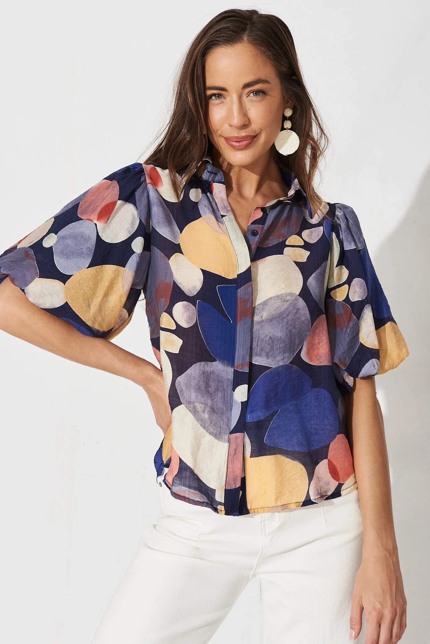 Aeryn Shirt In Navy With Multi Print