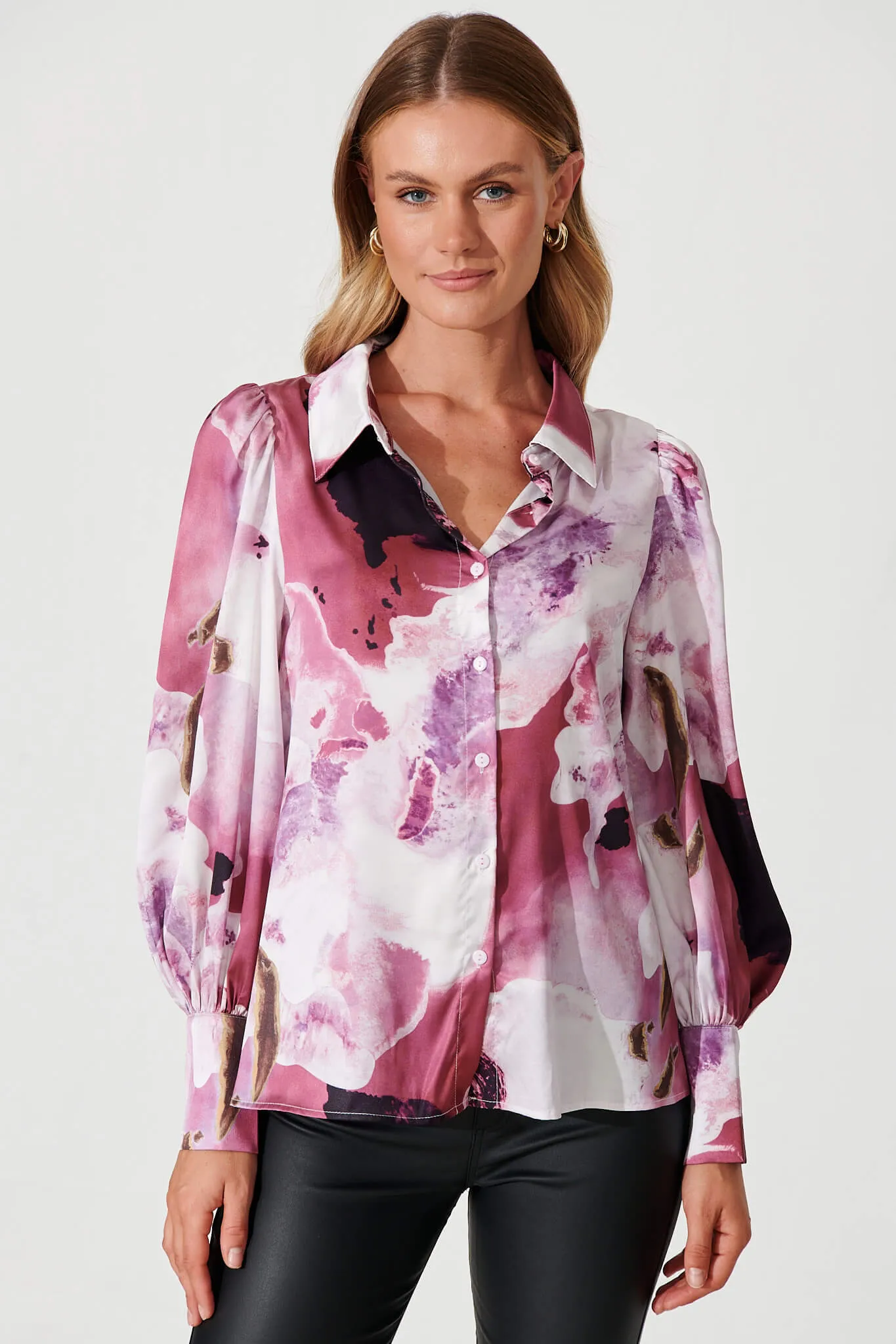 Afternoon Shirt In Pink With Purple Watercolour Satin
