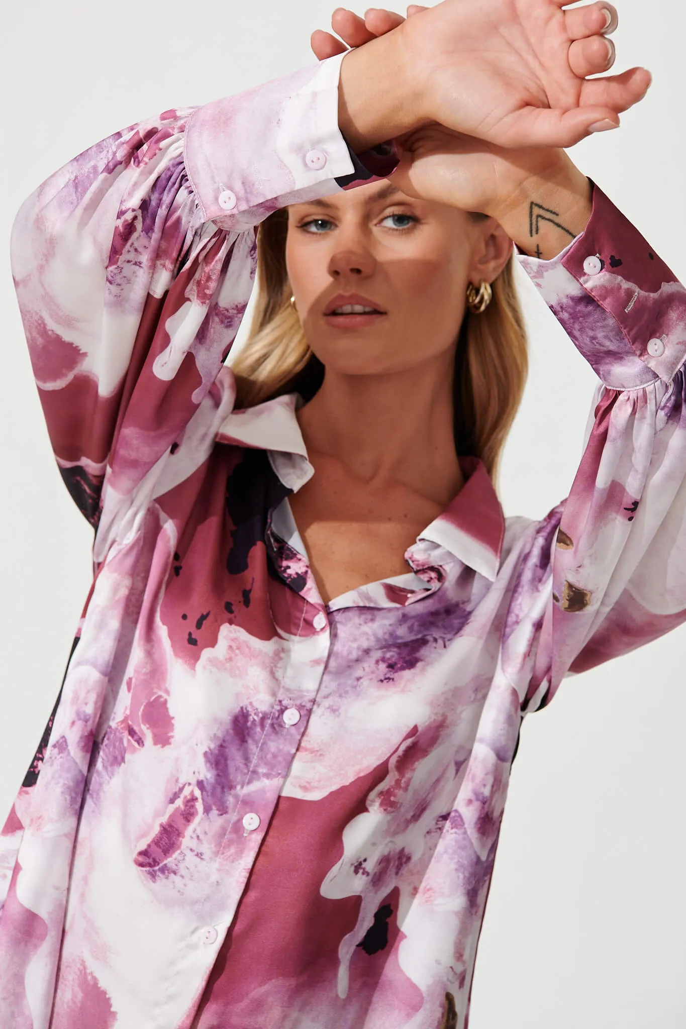 Afternoon Shirt In Pink With Purple Watercolour Satin