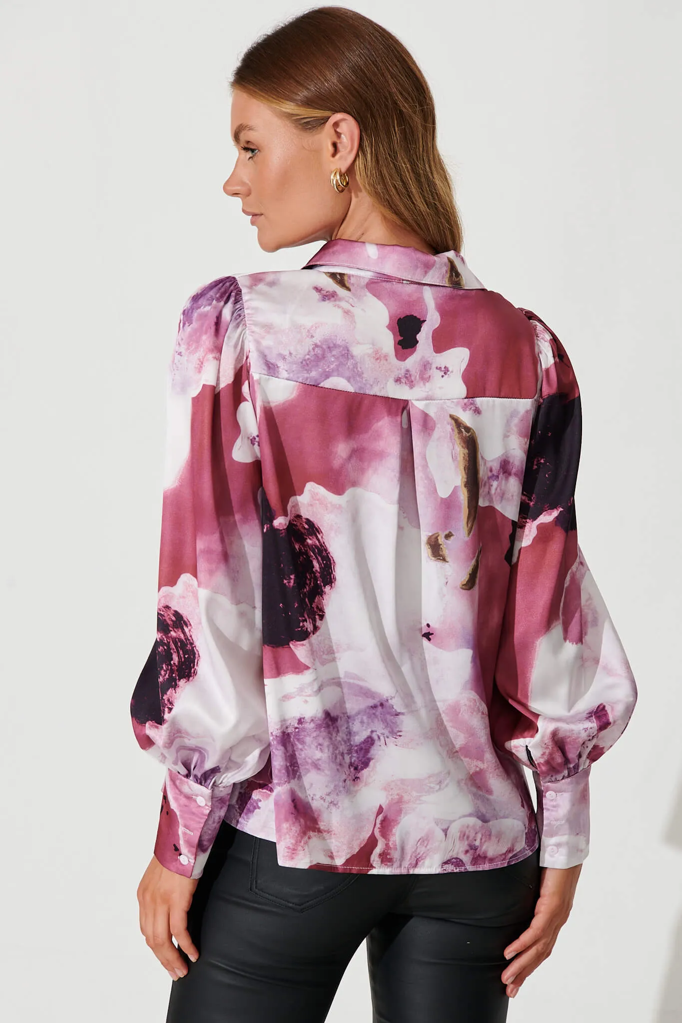 Afternoon Shirt In Pink With Purple Watercolour Satin