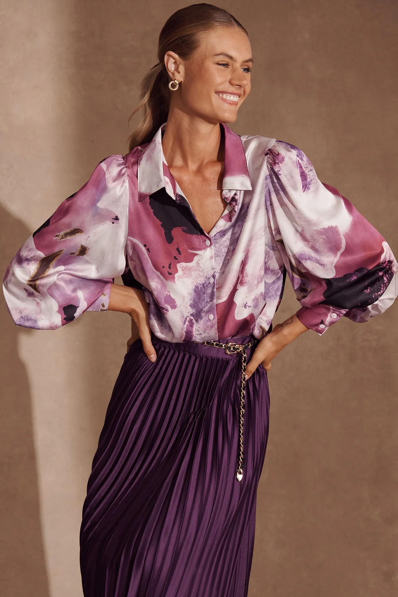 Afternoon Shirt In Pink With Purple Watercolour Satin