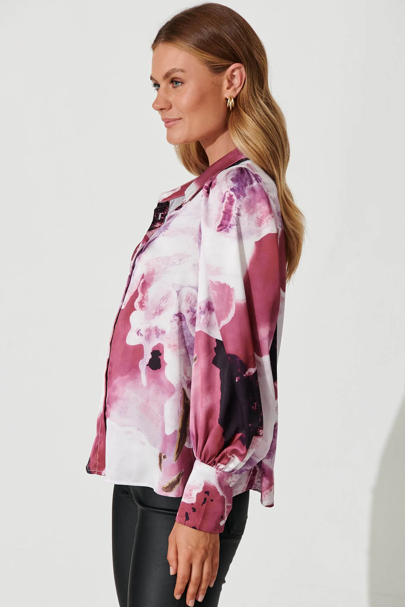 Afternoon Shirt In Pink With Purple Watercolour Satin