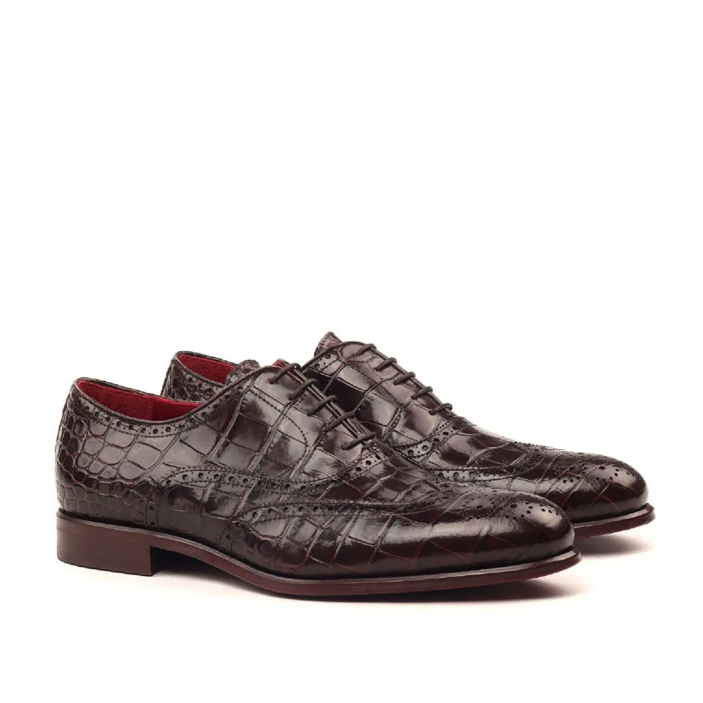 Ambrogio Bespoke Men's Handmade Custom Shoes Brown Crocodile Print / Calf-Skin Leather Brogue Oxfords (AMB1474)