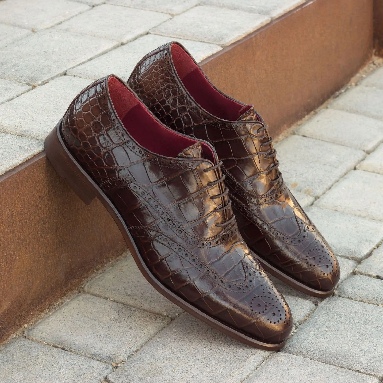 Ambrogio Bespoke Men's Handmade Custom Shoes Brown Crocodile Print / Calf-Skin Leather Brogue Oxfords (AMB1474)