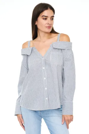 Baker Long Sleeve Off Shoulder Button Down - Sea Stripe