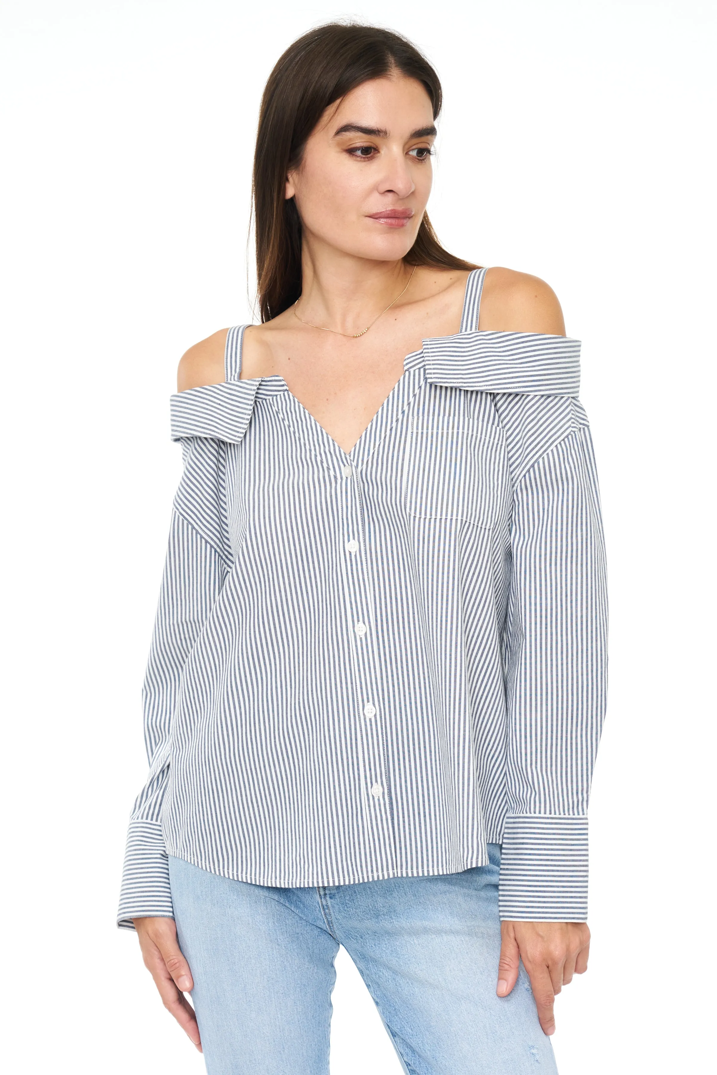 Baker Long Sleeve Off Shoulder Button Down - Sea Stripe