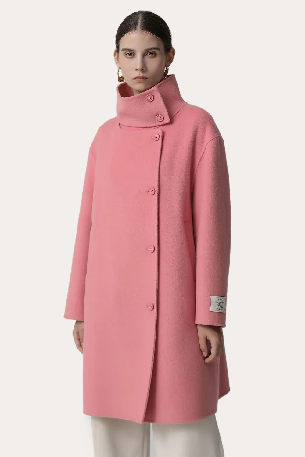 Brown Asymmetrical Neck Long Oversized Wool Coat