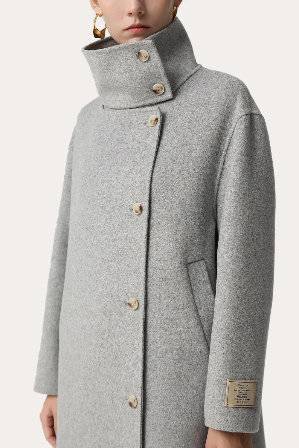 Brown Asymmetrical Neck Long Oversized Wool Coat
