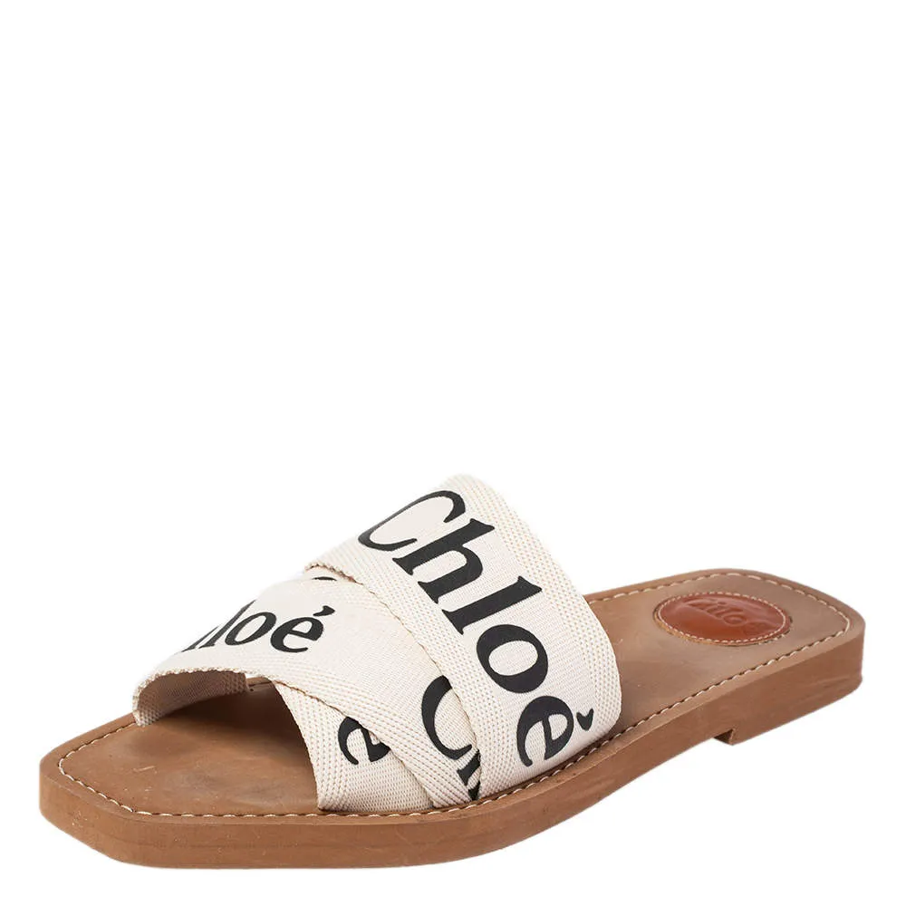 Chloé Ivory Canvas Logo Woody Flat Mules - Size 5