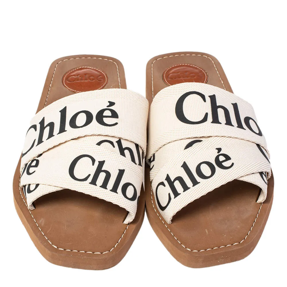 Chloé Ivory Canvas Logo Woody Flat Mules - Size 5