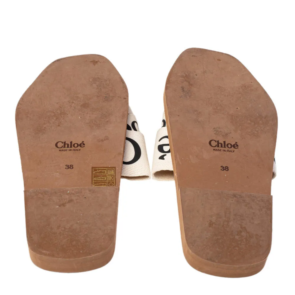 Chloé Ivory Canvas Logo Woody Flat Mules - Size 5
