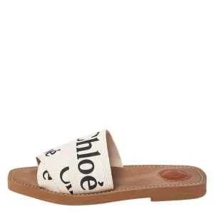 Chloé Ivory Canvas Logo Woody Flat Mules - Size 5