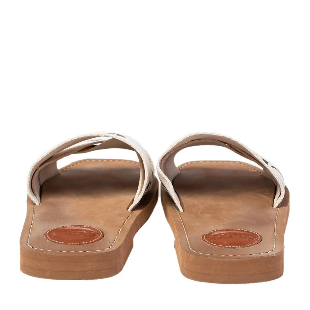 Chloé Ivory Canvas Logo Woody Flat Mules - Size 5