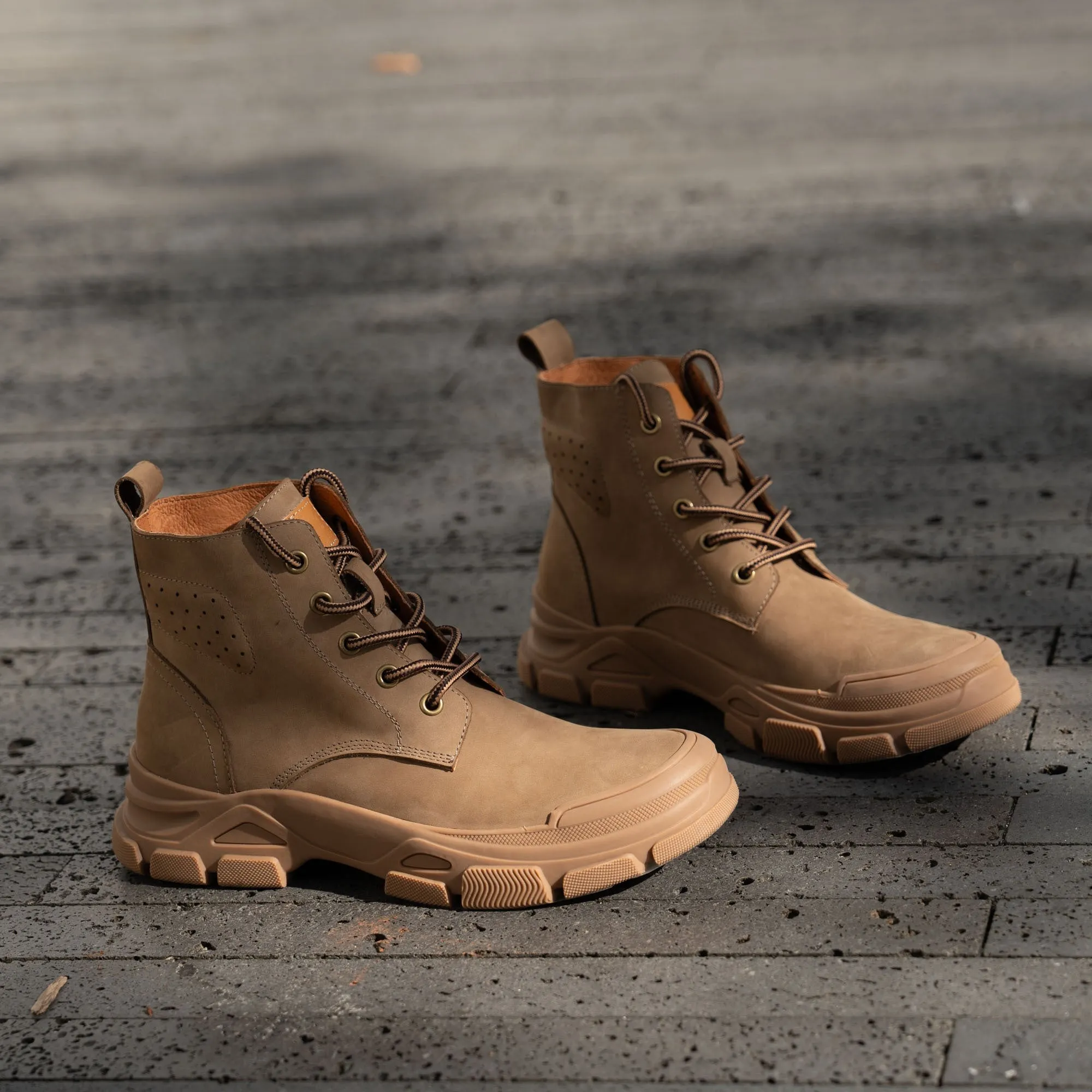 Designer Leather Short Boots Lace Up Combat Boots in Apricot/Khaki/Gray/Blue