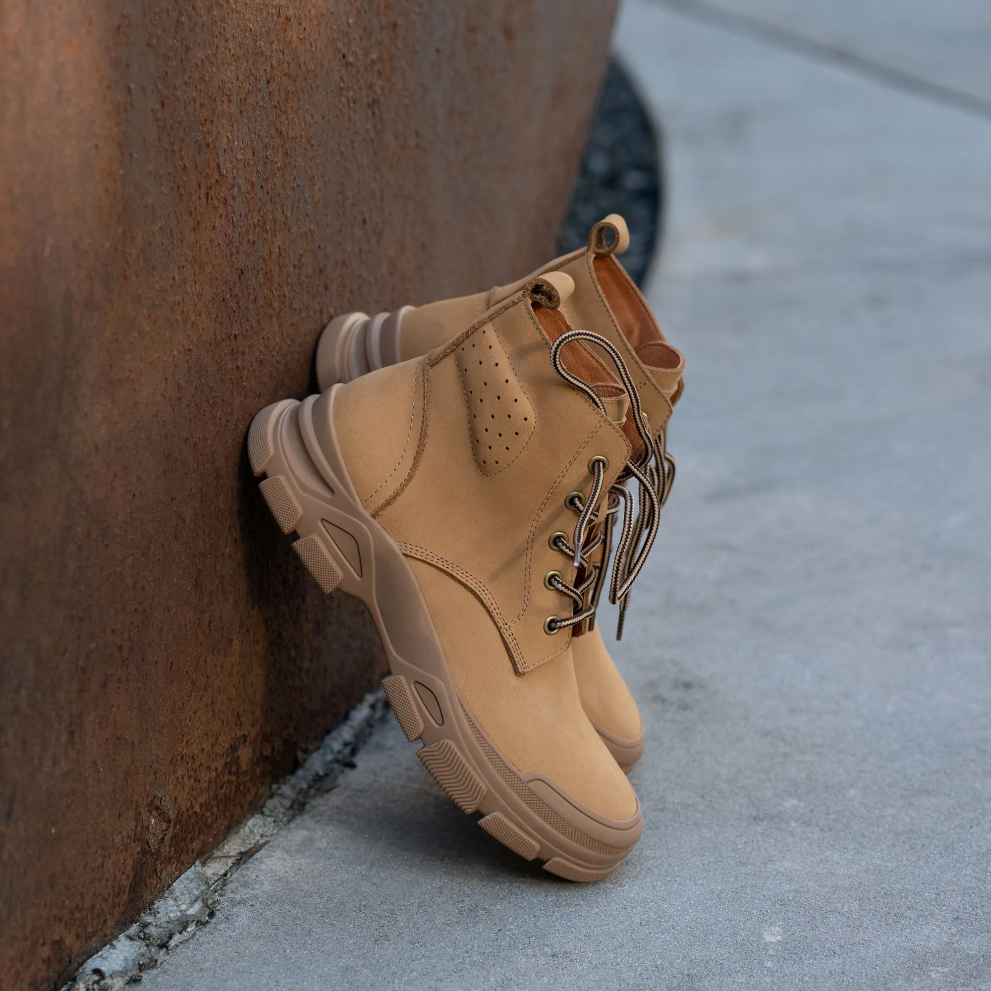 Designer Leather Short Boots Lace Up Combat Boots in Apricot/Khaki/Gray/Blue