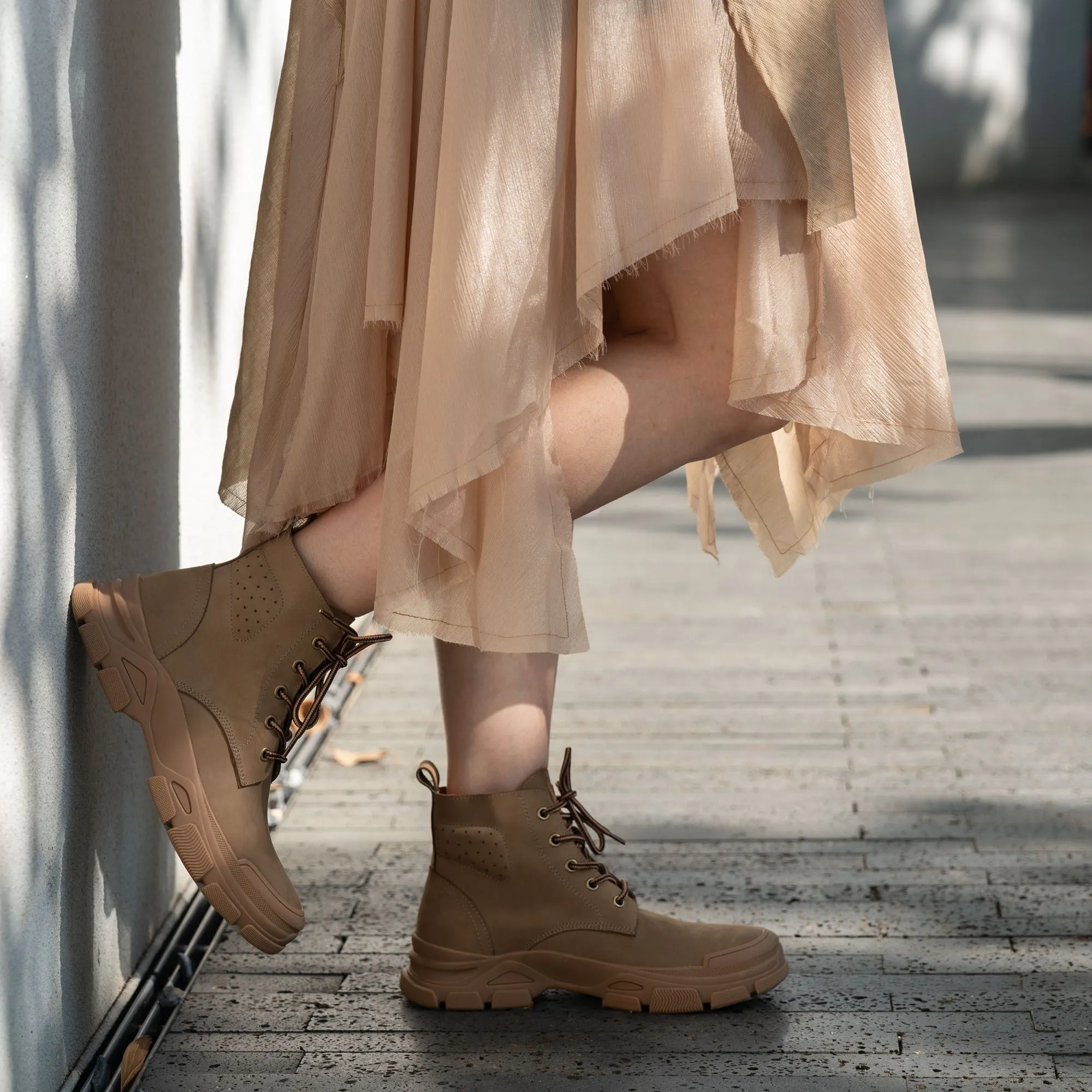 Designer Leather Short Boots Lace Up Combat Boots in Apricot/Khaki/Gray/Blue
