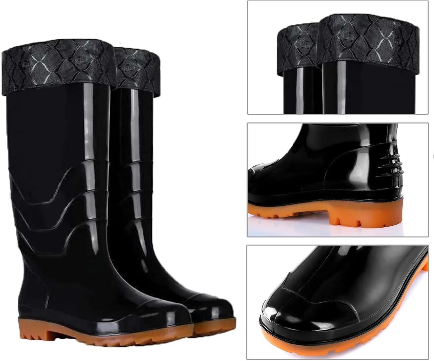 Detachable Fur Lined Rain Boots for Men, Waterproof PVC Mens Rain Boots for Garden Fishing Outdoor Work Mud Boots