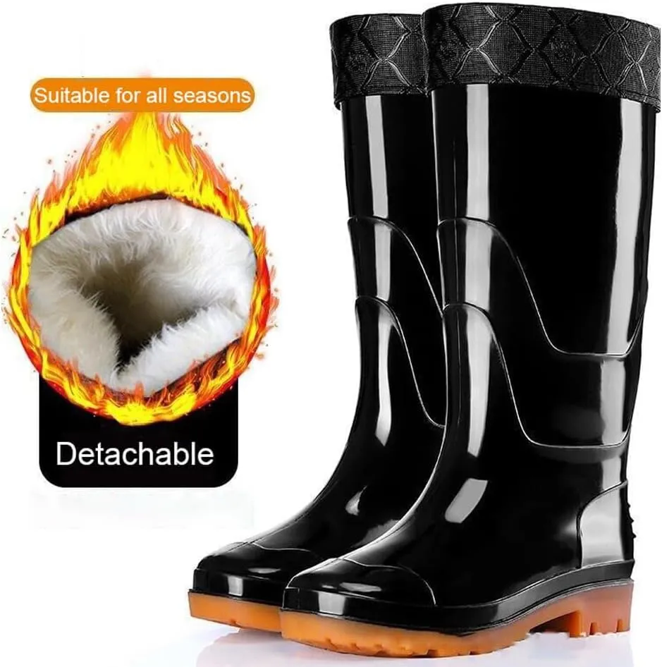Detachable Fur Lined Rain Boots for Men, Waterproof PVC Mens Rain Boots for Garden Fishing Outdoor Work Mud Boots