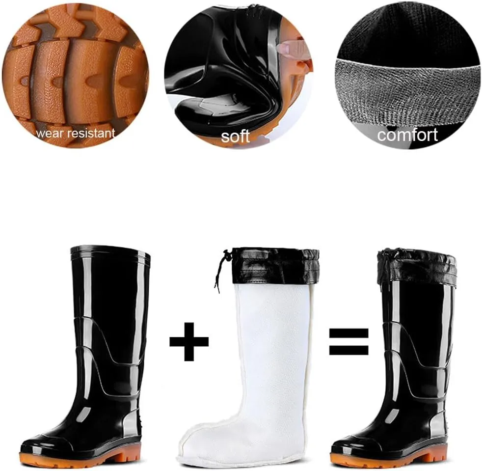 Detachable Fur Lined Rain Boots for Men, Waterproof PVC Mens Rain Boots for Garden Fishing Outdoor Work Mud Boots