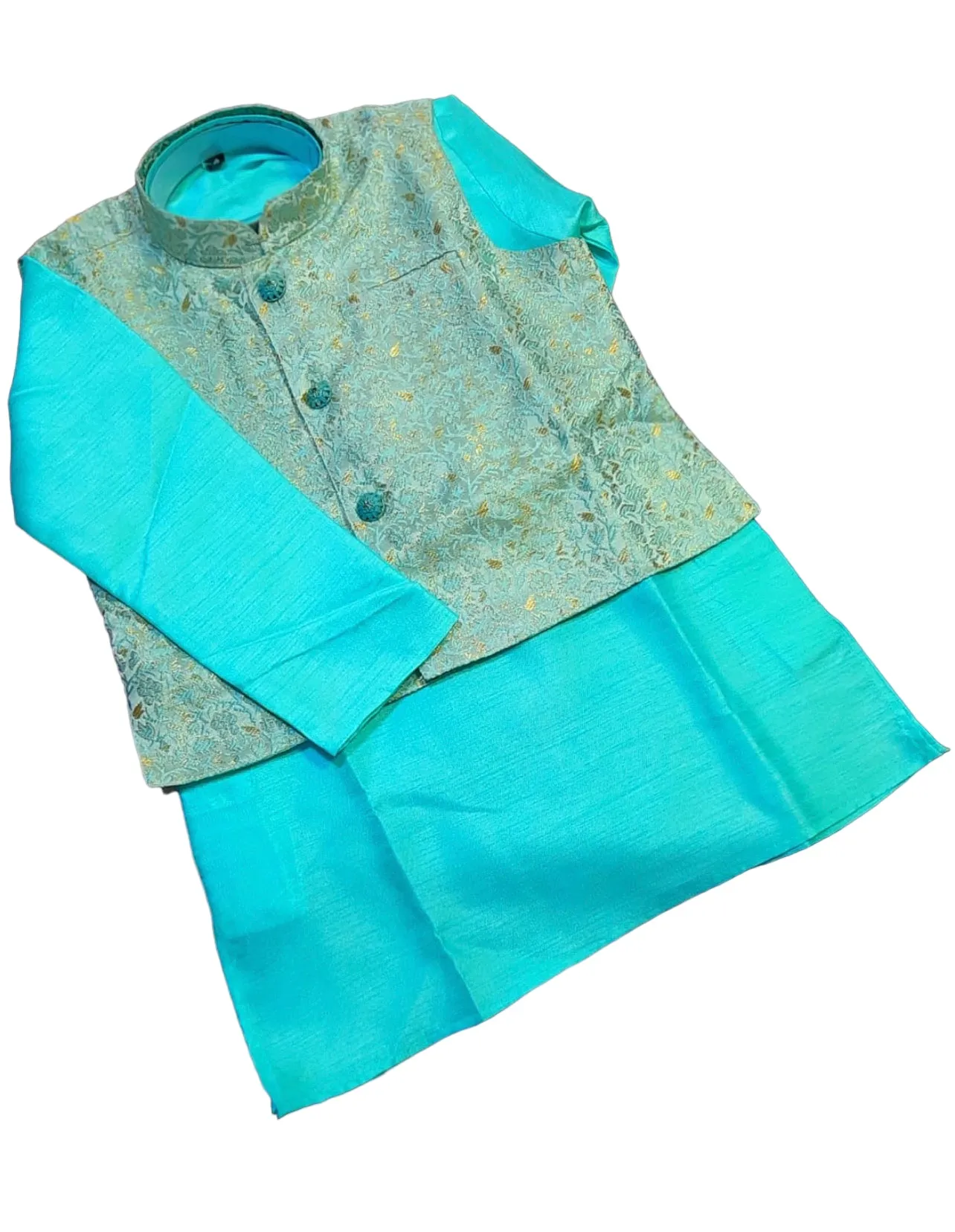 Elegant Boys' Sky Blue Silk Kurta Pajama Set with Matching Vest - D6420
