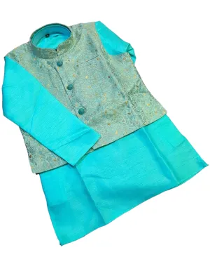 Elegant Boys' Sky Blue Silk Kurta Pajama Set with Matching Vest - D6420