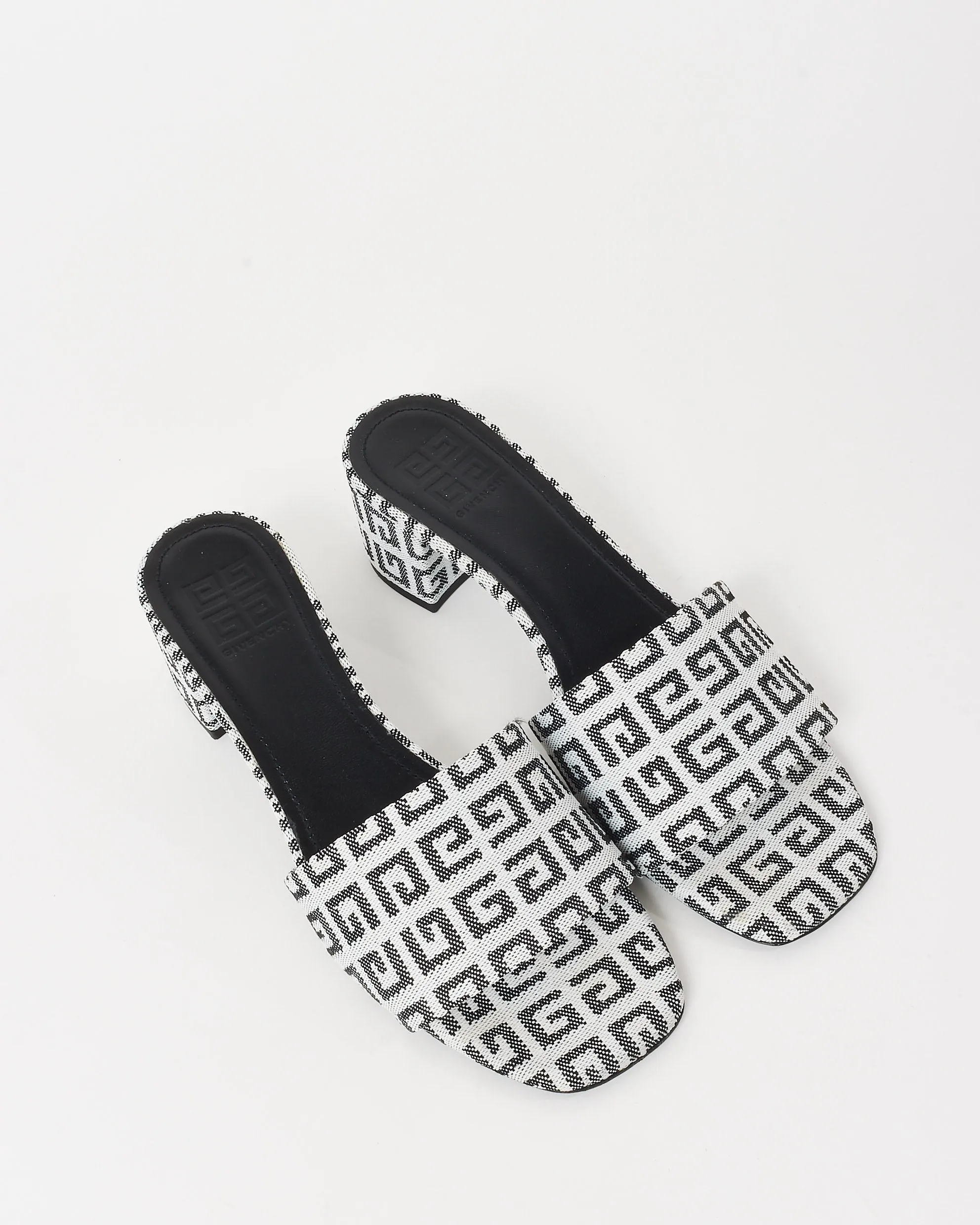 Givenchy White & Black 4G Jacquard Monogram Fabric Block Heel Mule Sandals - 38