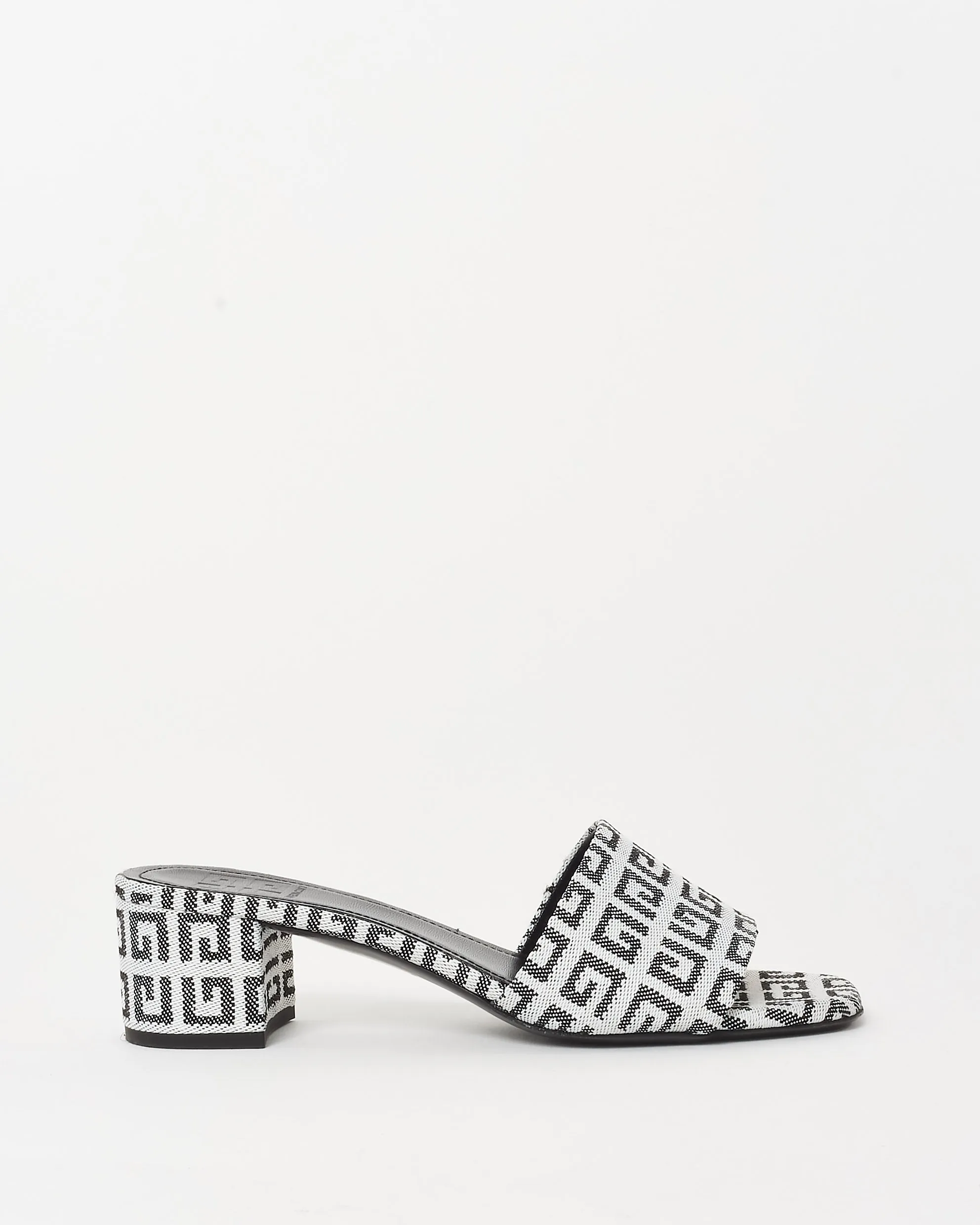 Givenchy White & Black 4G Jacquard Monogram Fabric Block Heel Mule Sandals - 38