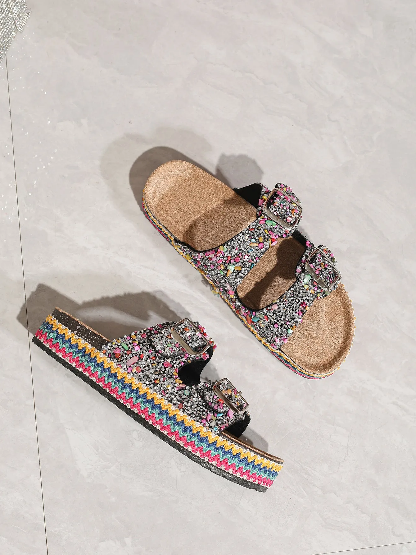 Heather Glitter Rhinestone Double Buckles Slippers