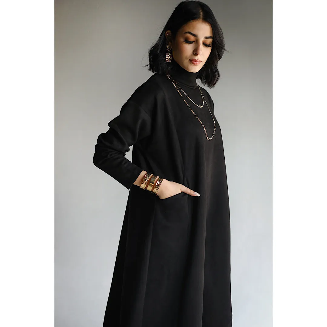 High neck black suede dress