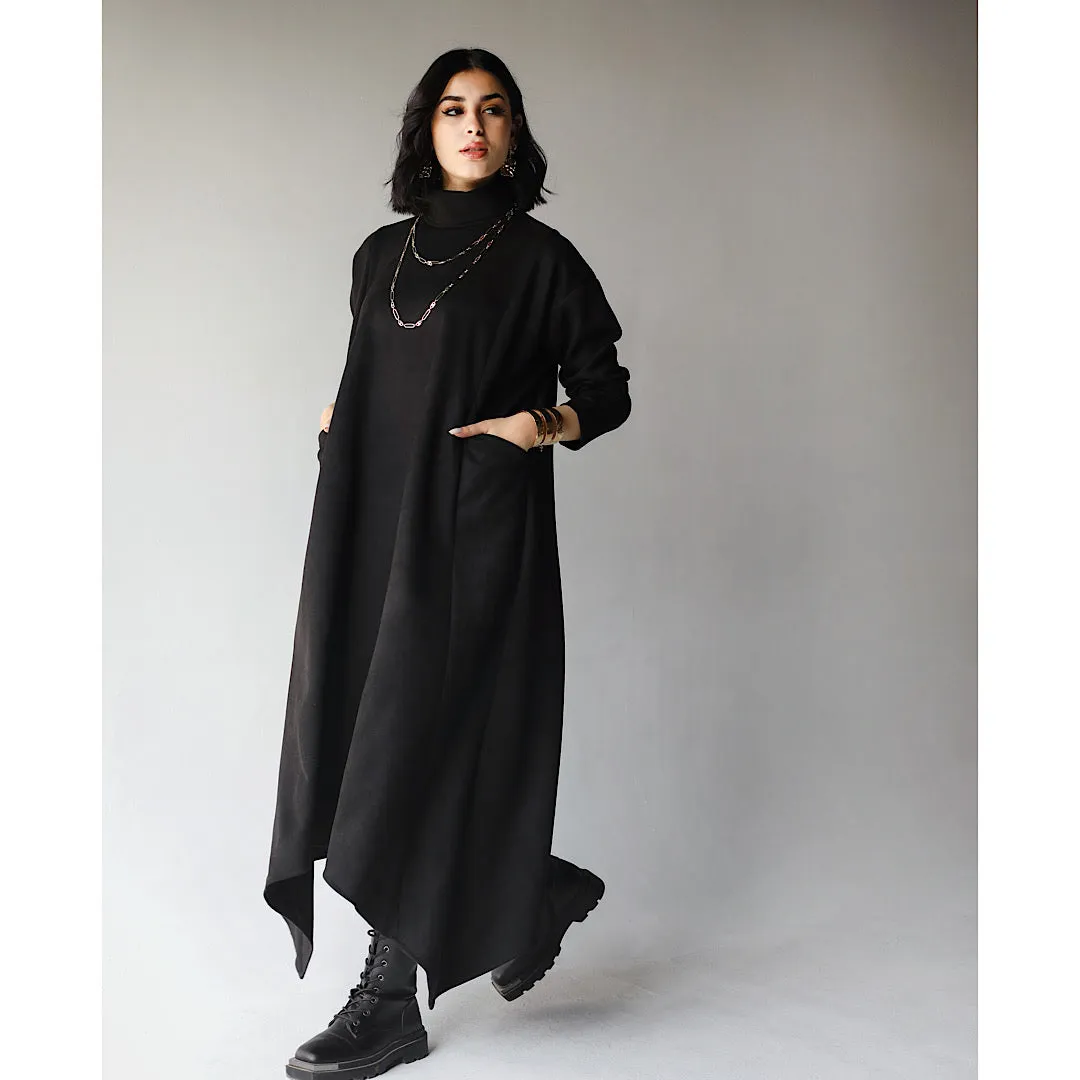 High neck black suede dress