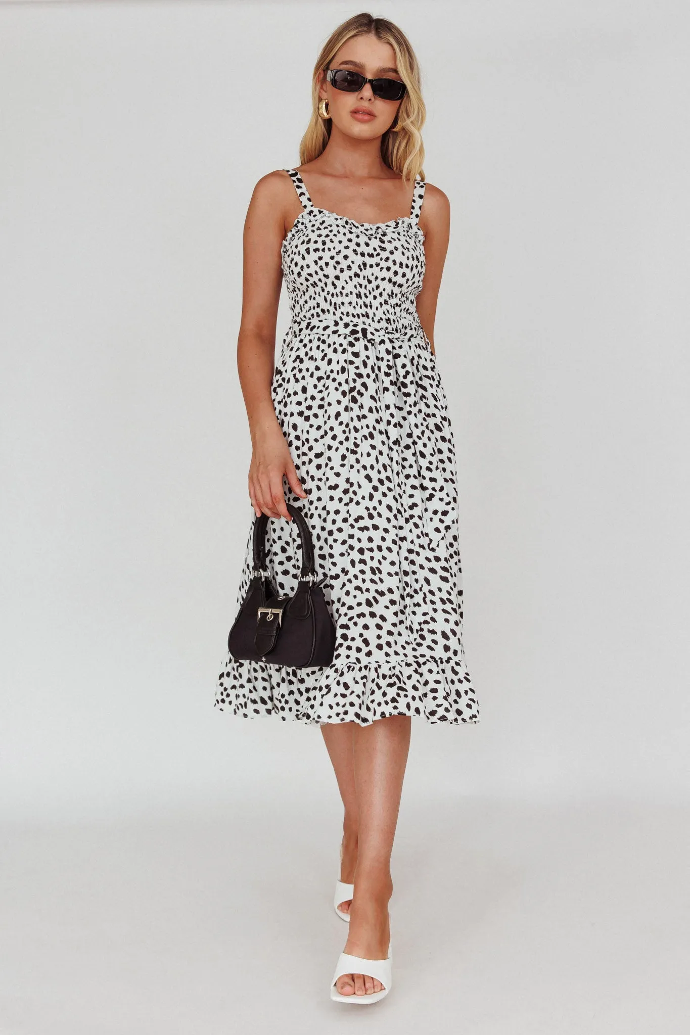 Honey Shirred Frill Midi Dress White/Black