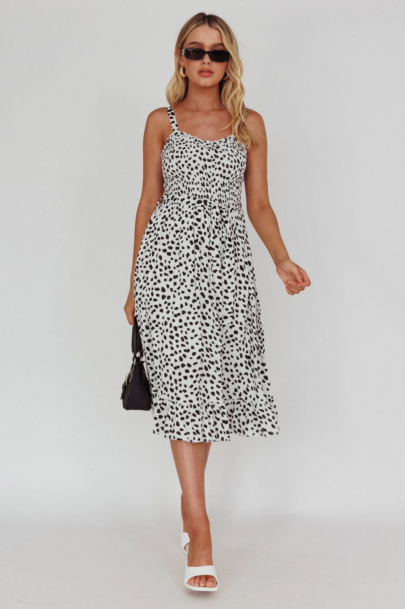 Honey Shirred Frill Midi Dress White/Black