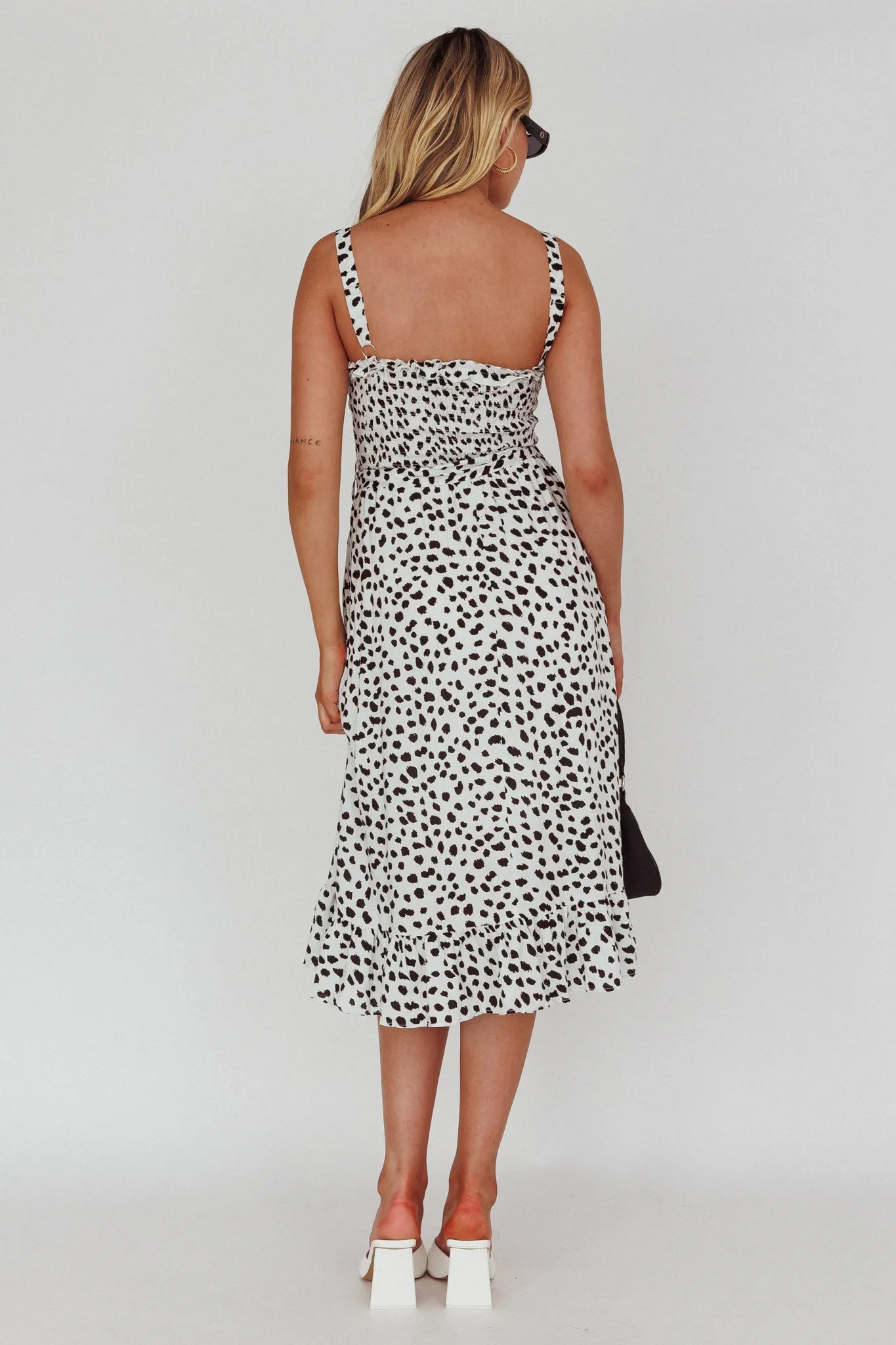 Honey Shirred Frill Midi Dress White/Black