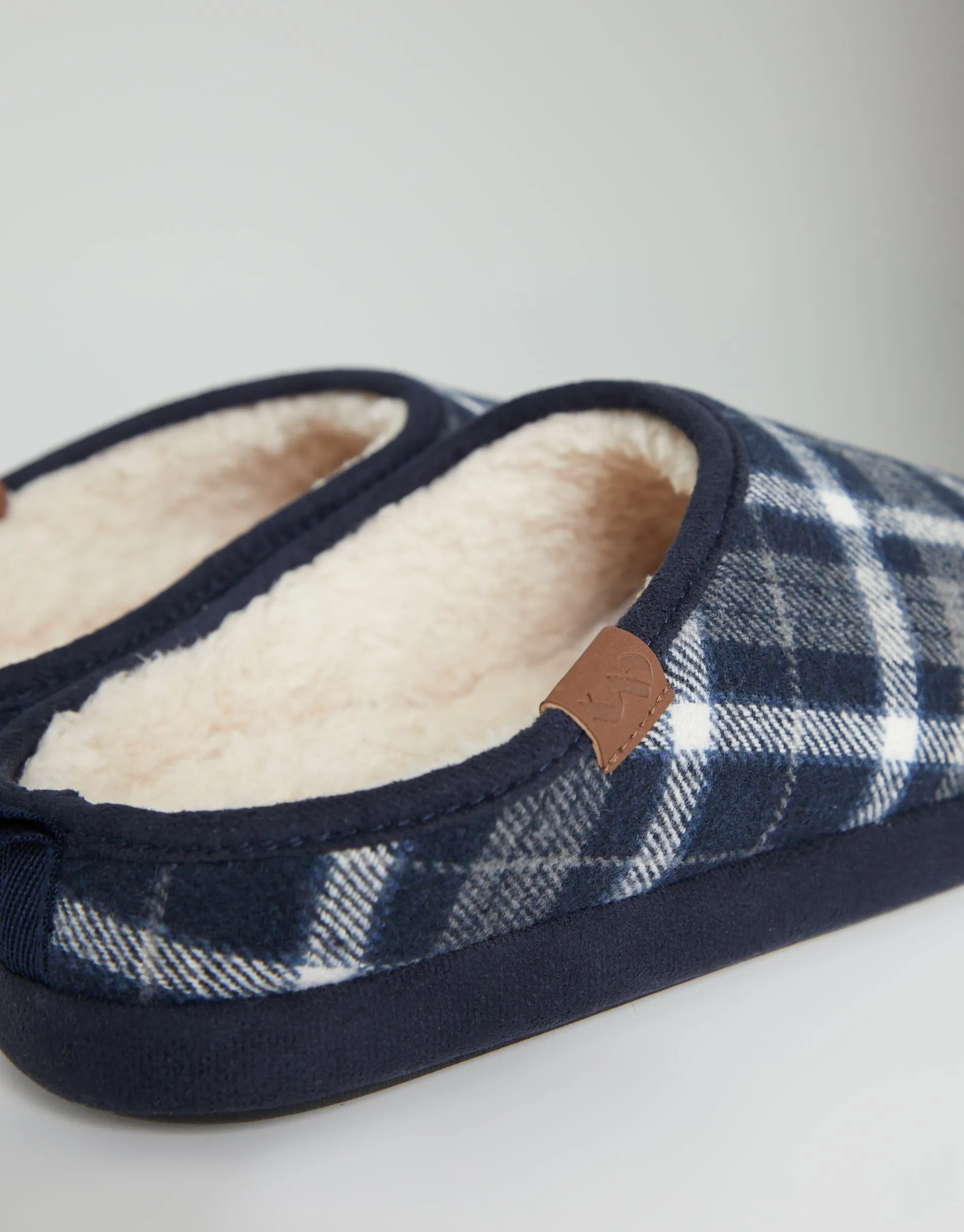 Men's Navy Check Mule Slippers with Borg Lining
