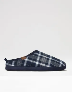 Men's Navy Check Mule Slippers with Borg Lining