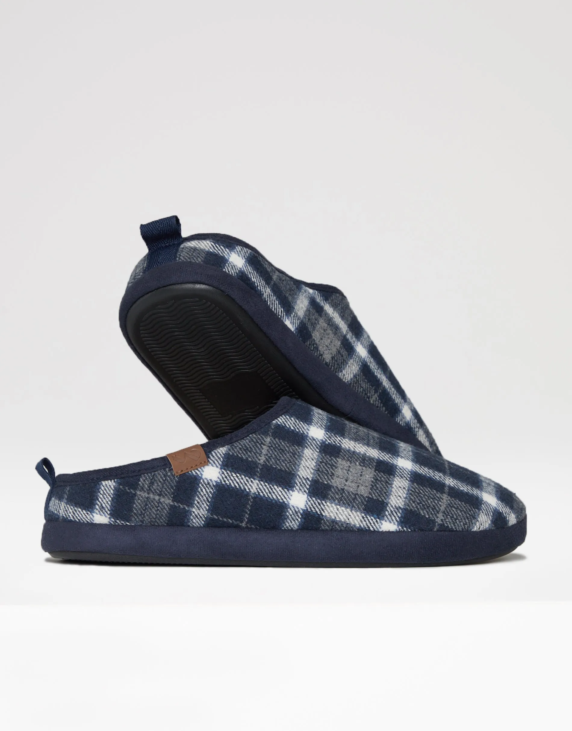 Men's Navy Check Mule Slippers with Borg Lining