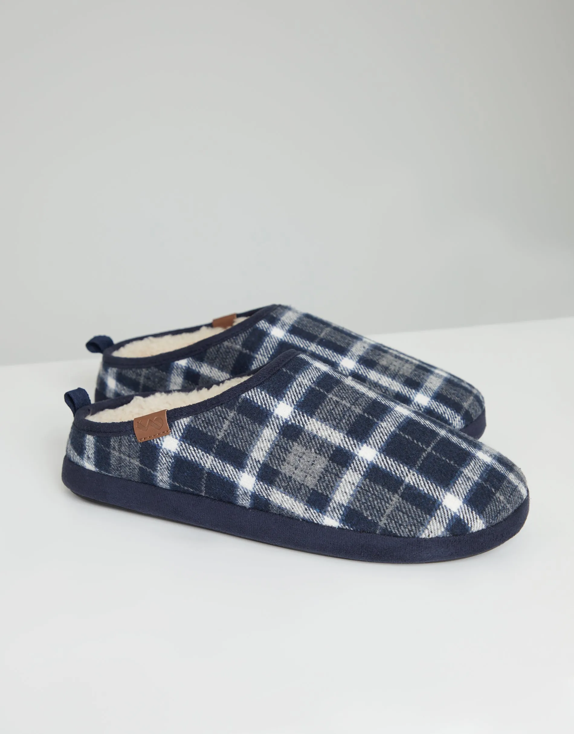 Men's Navy Check Mule Slippers with Borg Lining