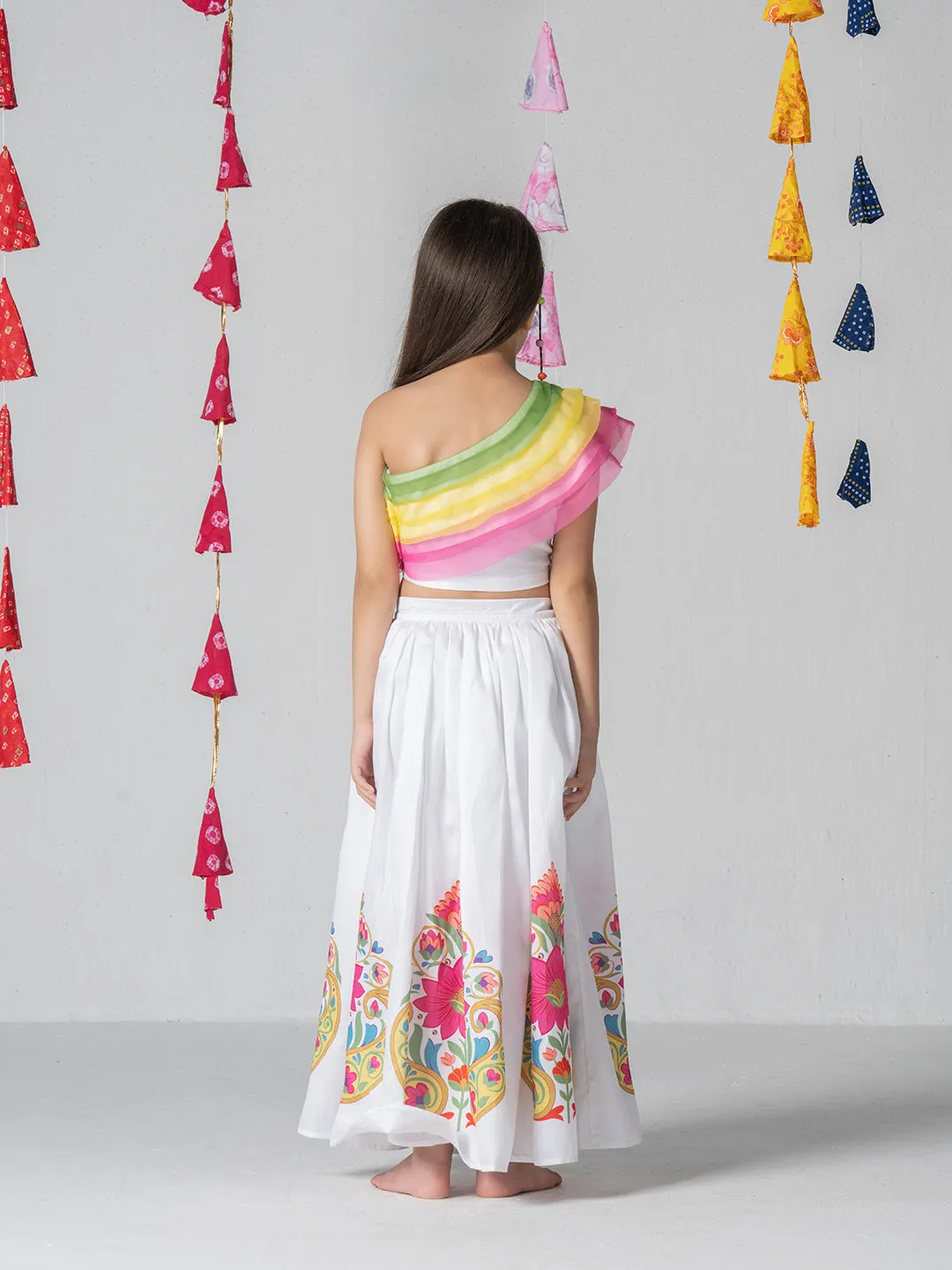 Multicolor one shoulder top with placent print gathered skirt for Girls