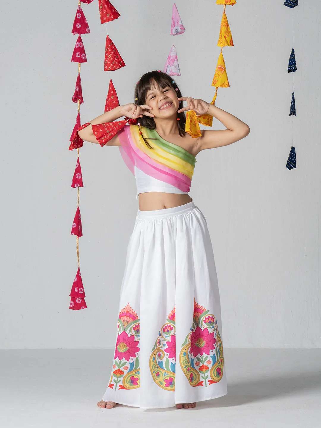 Multicolor one shoulder top with placent print gathered skirt for Girls