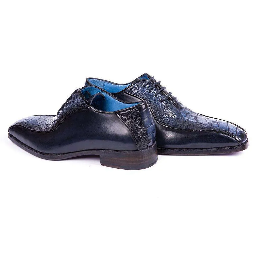 Paul Parkman Handmade Designer Shoes Men's Navy Ostrich Leg & Calfskin Bicycle Toe Oxfords (PM5810)