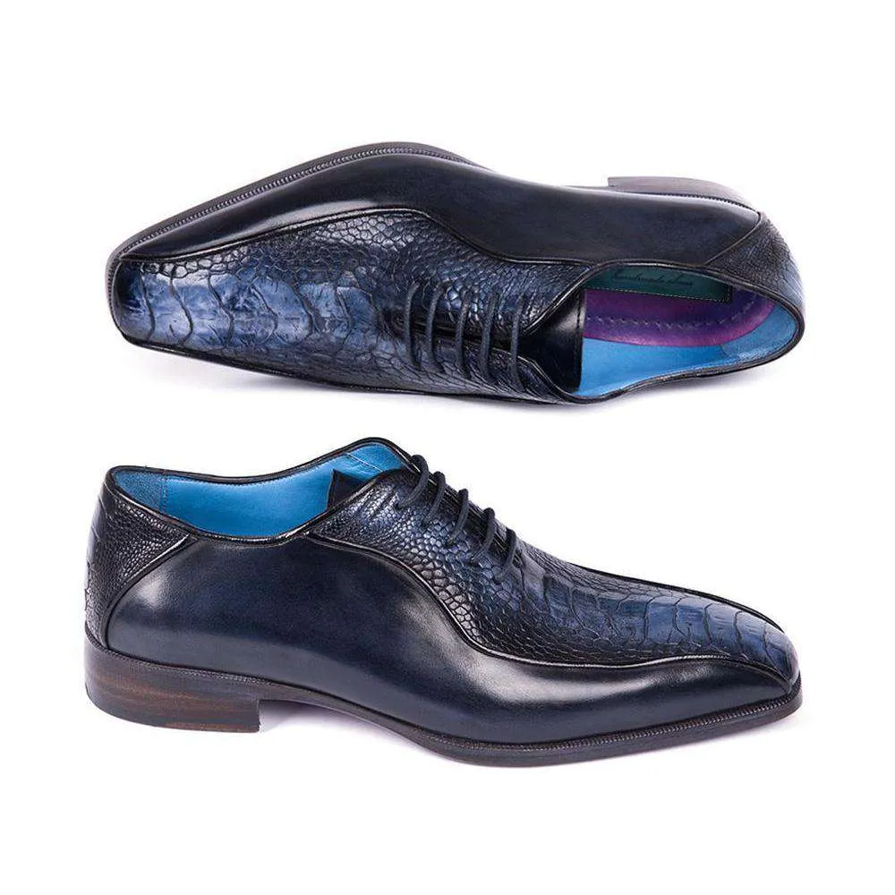 Paul Parkman Handmade Designer Shoes Men's Navy Ostrich Leg & Calfskin Bicycle Toe Oxfords (PM5810)