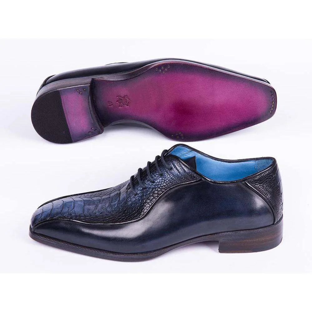 Paul Parkman Handmade Designer Shoes Men's Navy Ostrich Leg & Calfskin Bicycle Toe Oxfords (PM5810)