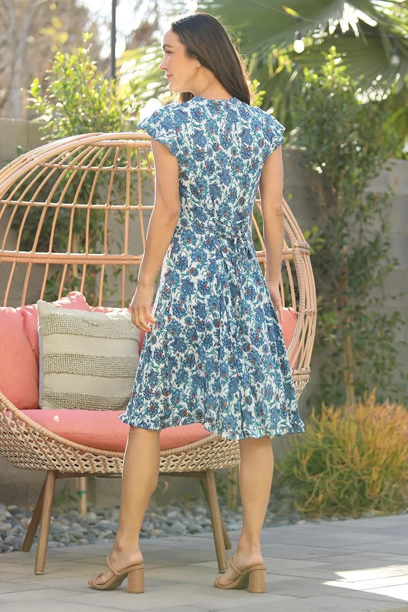Short Sleeve V-Neck Dress – Blue & Red Floral on White