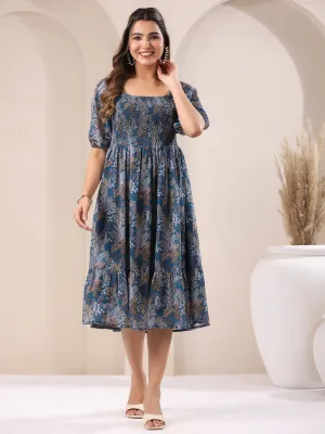 Teal Georgette Floral Printed Tiered Dress