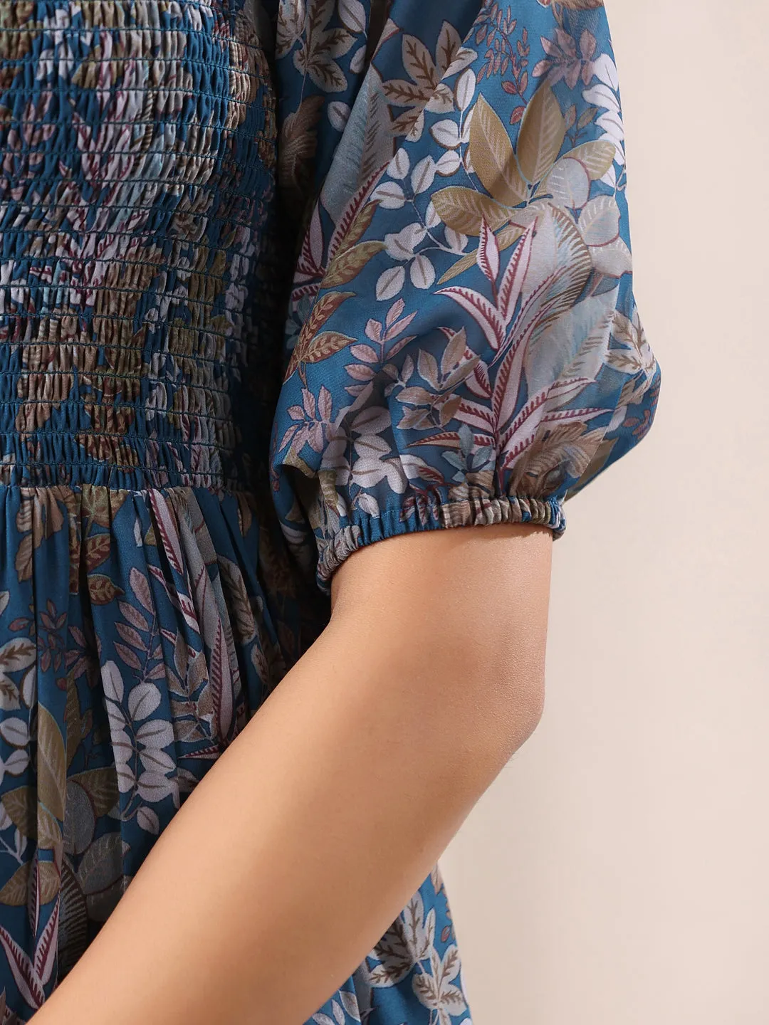 Teal Georgette Floral Printed Tiered Dress