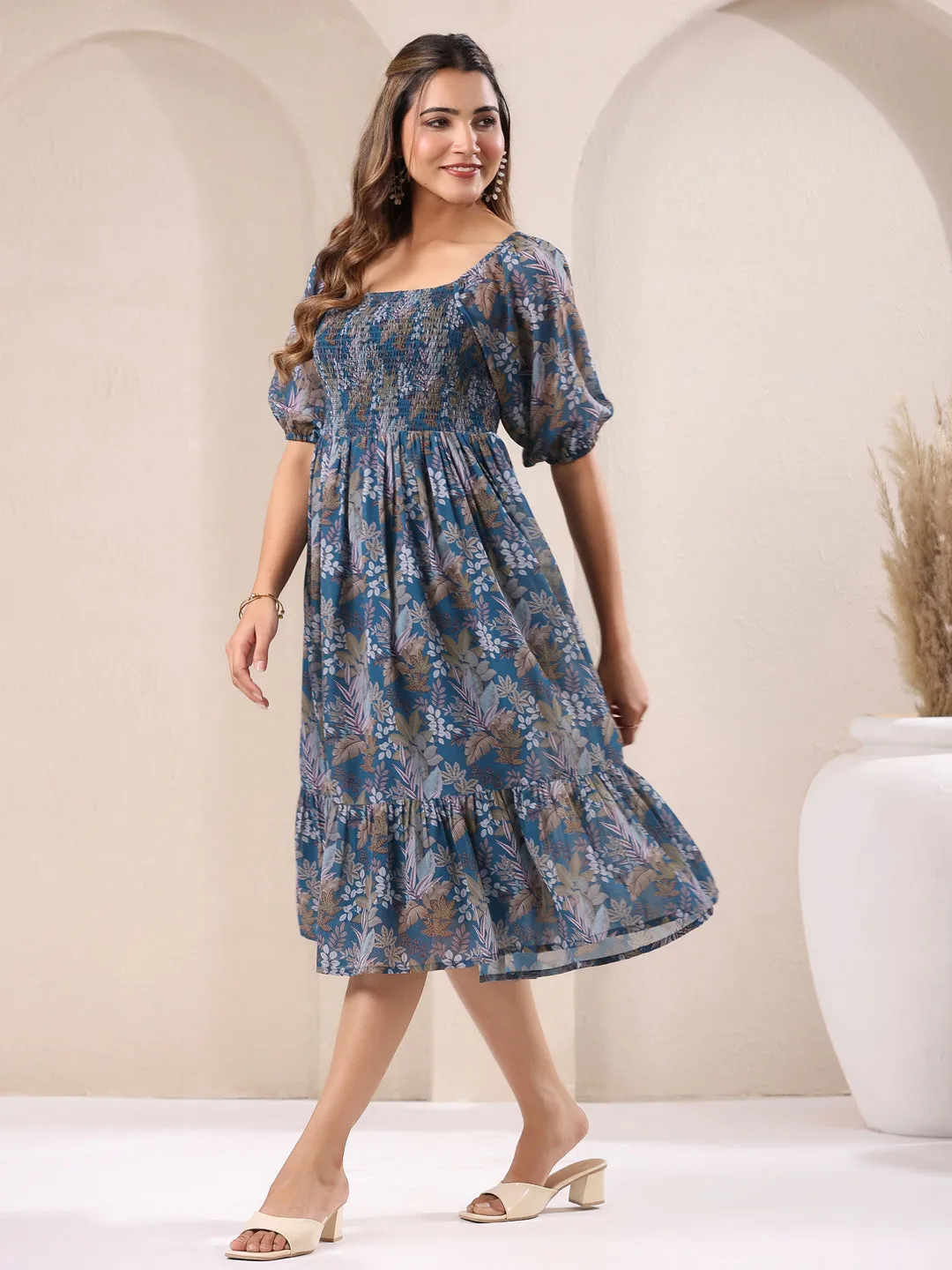 Teal Georgette Floral Printed Tiered Dress