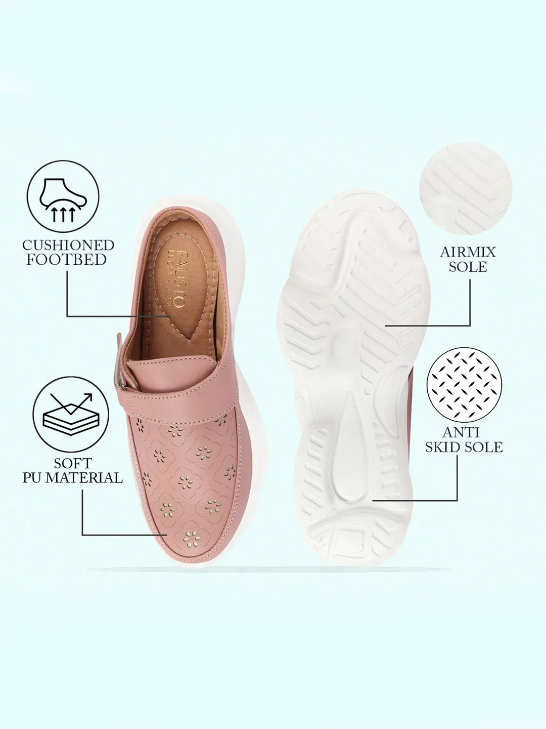 Women Peach Laser Cut Floral Design Hook and Loop Back Open Slip On Mules Shoes