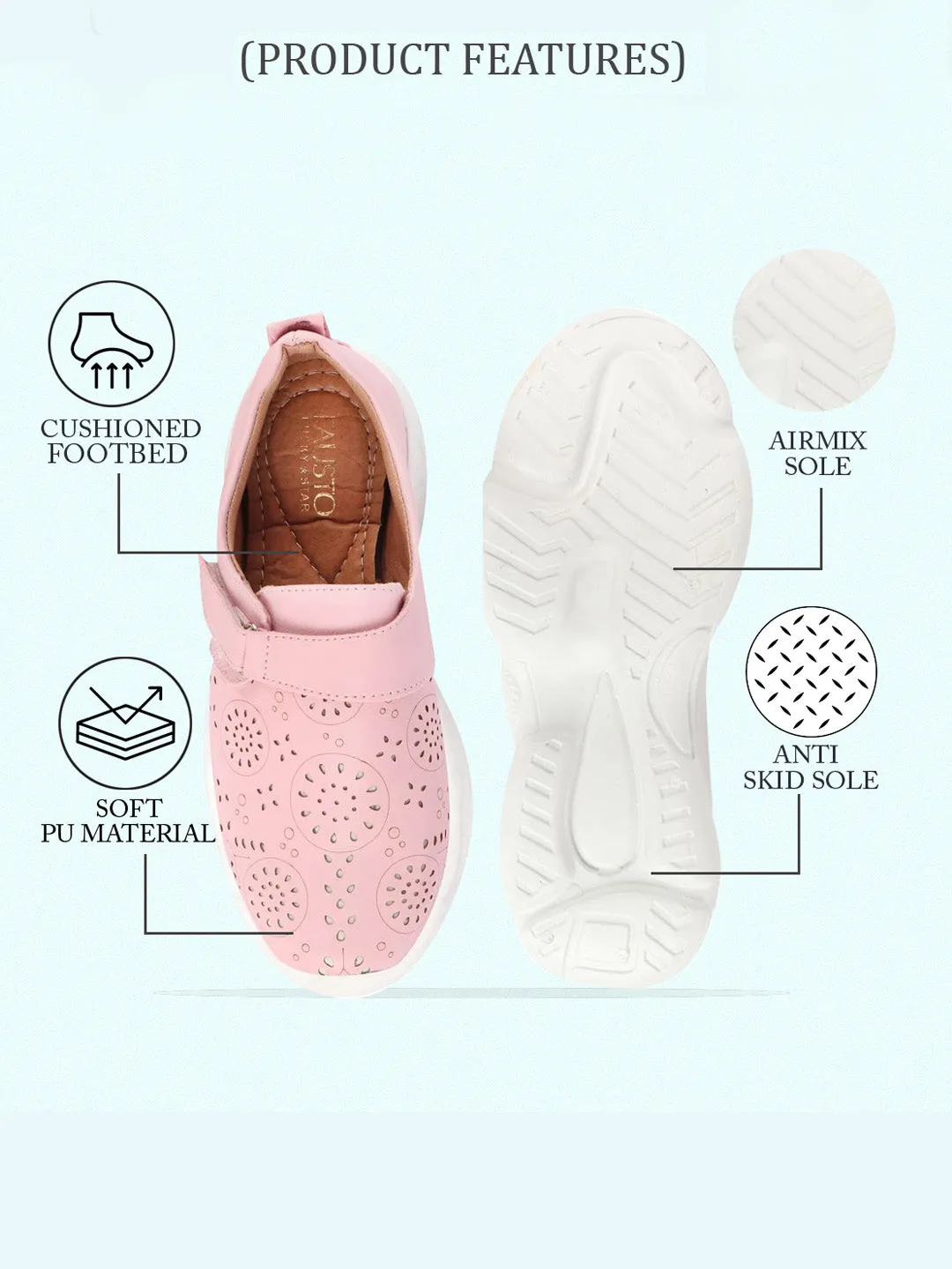 Women Pink Laser Cut Floral Design Hook and Loop Back Open Slip On Mules Shoes